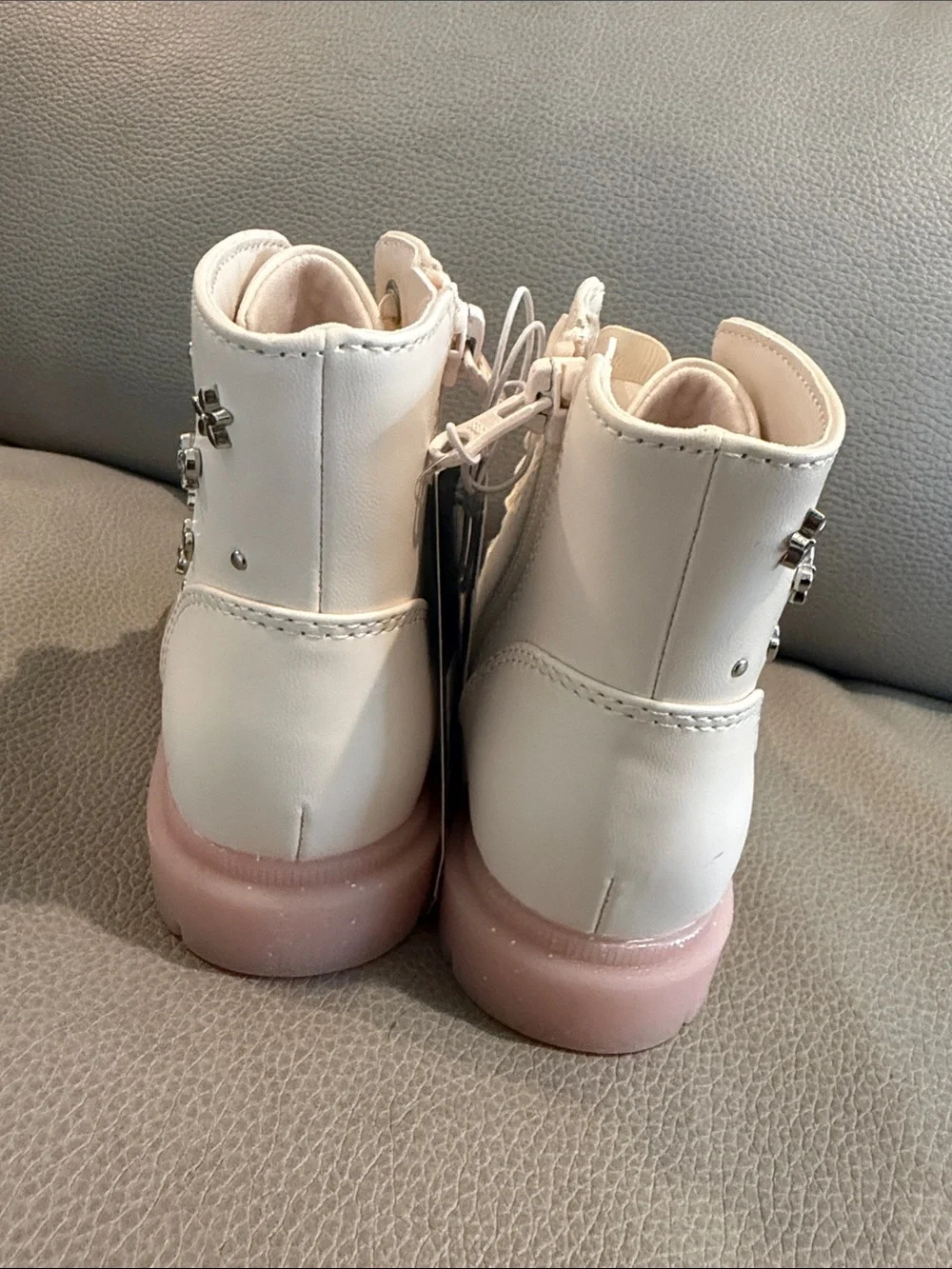 Kids Cream Ankle Boots with Pink Sole